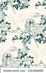 parrot bird temple mountain rose flower nature landscape view vector sketch illustration japanese chinese oriental line art ink seamless pattern