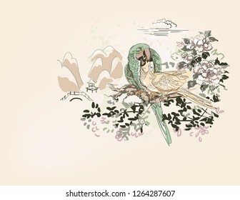 parrot bird temple mountain rose flower nature landscape view vector sketch illustration japanese chinese oriental line art ink card background