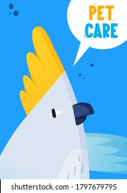 Parrot bird with text label in thought bubble. Vector background template. Ad poster design for pet shop, clinic or else.