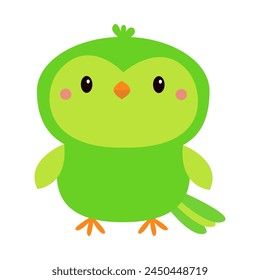 Parrot bird toy icon. Big eyes. Green color feather. Funny Kawaii animal standing. Kids print. Cute cartoon baby character. Pet collection. Childish style. Flat design. White background. Vector