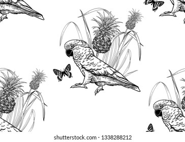 Parrot birds, pineapple and butterfly. Seamless pattern. Black and white. Vector illustration. Template for fabrics, textiles, paper, wallpaper, summer Hawaiian shirts. Nature style. Vintage engraving