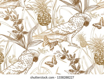 Parrot birds, pineapple, flowers orchid and butterfly. Seamless pattern. Gold foil white. Vector illustration. Template for textiles, paper, wallpaper, Hawaiian shirts. Nature style. Vintage engraving