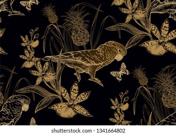 Parrot birds, pineapple, flowers orchid and butterfly. Seamless pattern. Gold foil black. Vector illustration. Template for textiles, paper, wallpaper, Hawaiian shirts. Nature style. Vintage engraving