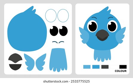 Patrón de área azul de loro para manualidades para niños o manualidades de papel. Ilustración vectorial de rompecabezas de pájaros. Imágenes de patrón de corte y pegamento.