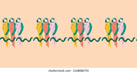 Parrot border repeat with snakes. Vector illustration of birds of paradise. Colorful background. Great for kids and summer home decor. Surface pattern design.