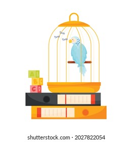 Parrot cage and cactus on books pile. Education concept. Reading concept. Vector illustration.