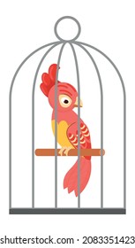 Parrot in cage. Red exotic bird in cartoon style