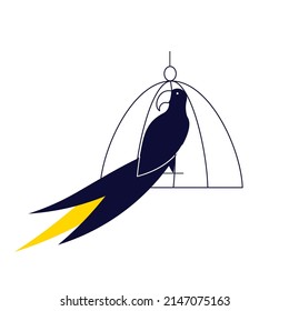 Parrot in a cage, stylized black pet isolated on a white background. Flat Art Vector Illustration