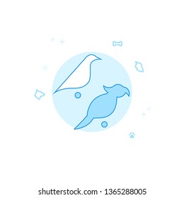 Parrot and Canary on the Perch Flat Vector Icon. Pet and Pet Supply Illustration. Light Flat Style. Blue Monochrome Design. Editable Stroke. Adjust Line Weight.