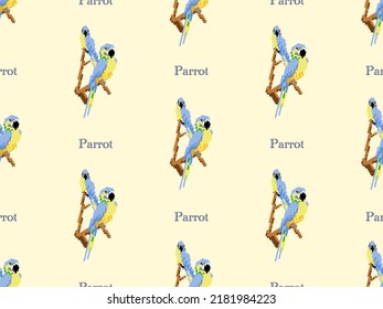Parrot cartoon character seamless pattern on yellow background. Pixel style