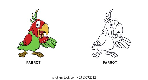 Parrot Cartoon Vector Illustration. Cockatoo Bird Mascot Logo. Kids Coloring Images Animal. Kids Drawing Bird Symbol Icon Character