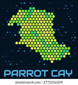 Parrot Cay hexagon dots map. Turks and Caicos. Digital style shape of the island. Parrot Cay map and title. Large green colored hexagons, sparse blue dots at background. Vector Illustration.