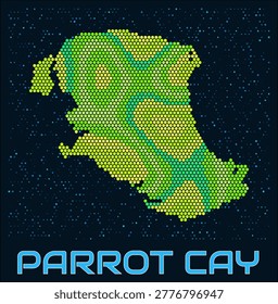 Parrot Cay hexagon dots map. Turks and Caicos. Digital style shape of the island. Parrot Cay map and title. Tiny green colored hexagons, sparse blue dots at background. Vector Illustration.