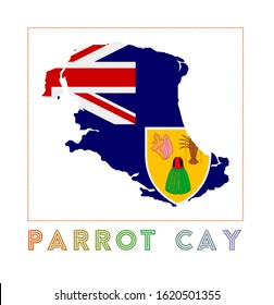 Parrot Cay Logo. Map of Parrot Cay with island name and flag. Amazing vector illustration.