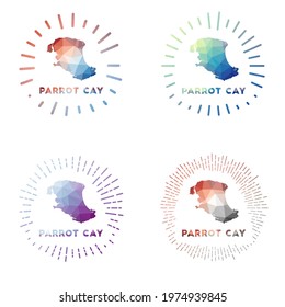 Parrot Cay low poly sunburst set. Logo of island in geometric polygonal style. Vector illustration.