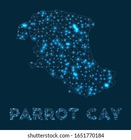 Mapa de red de Parrot Cay. Mapa geométrico abstracto de la isla. Conexión a Internet y diseño de telecomunicaciones. Encantadora ilustración vectorial.