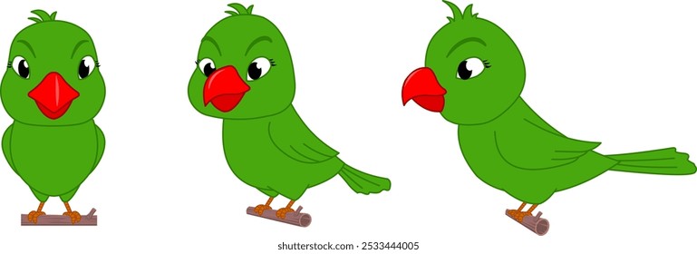 Parrot Character Turnarounds Vector, green parrot design, front, side, front three four, cartoon parrot Illustration