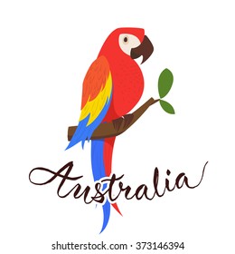 Parrot character. Vector travel card. Travel to Australia. Symbol of Australia. Australia calligraphy. Australian birds. 