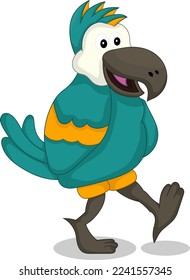 Personaje loro caminando con sonrisa. Ilustración de dibujos animados planos vectoriales