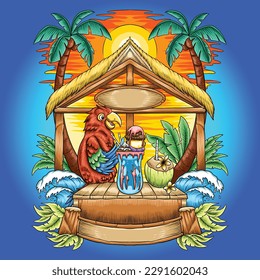 Parrot Chilling on Beach Cartoon