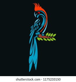 a parrot with a classic style, full color on a black background
