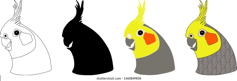 Parrot cockatiel icon set. Vector illustration in colors, silhouette and linear style isolated on white background. Perfect for logo design, cutting projects, scrapbooking, decals, prints.