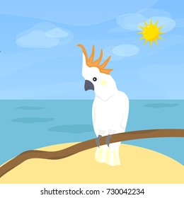 Parrot Cockatoo, a bird. Parrot cockatoo on the background of the sea and sky. Flat design, vector illustration, vector.