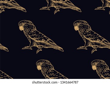 Parrot Cockatoo. Seamless pattern with birds. Black and gold foil. Vector illustration. Template for fabrics, textiles, paper, wallpaper, summer Hawaiian shirts. Nature style. Vintage engraving.