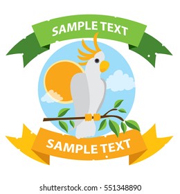 Parrot Cockatoo white large. Exotic birds with ribbon banner.
