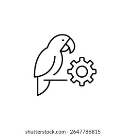 Parrot and cogwheel. Pet care settings, animal health monitoring, smart pet device configuration, automated feeding control, pet activity tracking. Pixel perfect, editable stroke vector icon