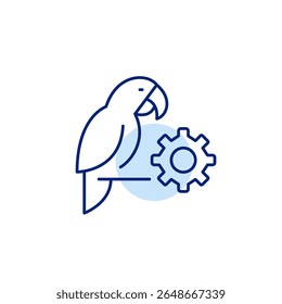 Parrot and cogwheel. Pet care settings, animal health monitoring, smart pet device configuration, automated feeding control, pet activity tracking. Pixel perfect, editable stroke vector icon