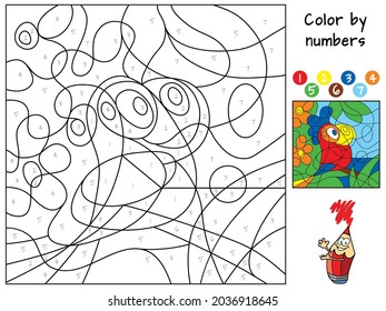 Parrot. Color by numbers. Coloring book. Educational puzzle game for children. Cartoon vector illustration