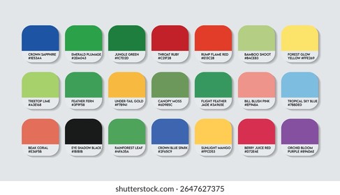 Paleta de cores do papagaio. Gráfico de amostra de tom de cor de papagaio com códigos HEX e nomes de cores. Pena de papagaio e cores do corpo tons variantes. Pés, bico e olho acentos tons colure novo vetor Paleta EPS 2026