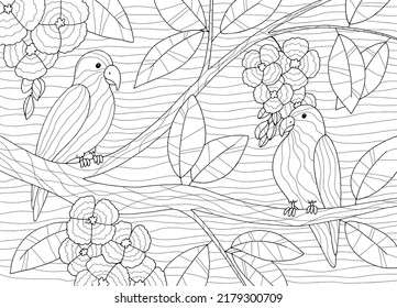 Parrot coloring sitting on tree birdhouse graphic black white sketch illustration vector