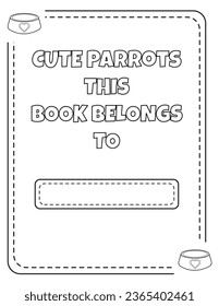Parrot colouring page 1st page, cute and calm parrot sits on the tree branch and leafs