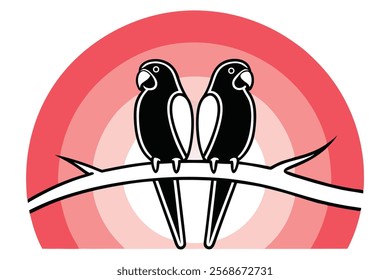 Parrot Couple on Branch in Black and White Vector Illustration