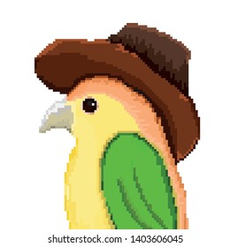 Parrot with a cowboy hat, wild bird in a hat, pixel illustration, white background