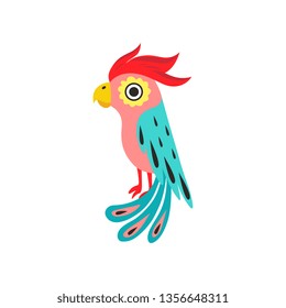 Parrot with Crest, Tropical Bird with Colored Feathers and Wings Vector Illustration