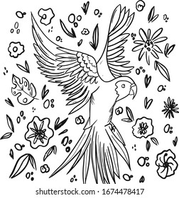 parrot doodle hand drawn coloring page. Cartoon abstract animal in scandinavian style. Wild rainforest animal. Grass branches with leaves, flowers and spots design element. Tropical jungle 