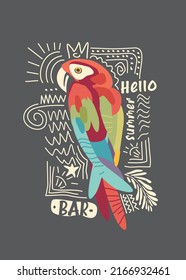 Parrot drawing creative t-shirt graphic with colorful bird. Tropical macaw bird boho style apparel print. Vector illustration.