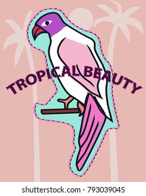 parrot embroidery patch design. summer tropical style. palms background.