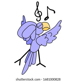 The parrot is enjoying the tune. Violet cockatoo dugs wings. Bird musician on a white background. Musical treble clef sign and note. Fun vector character for stickers, logo, icons and print.