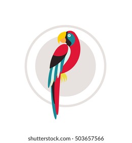 Parrot - Exotic bird illustration in circle in flat style. Minimalistic design for label, badge, logo. Isolated on white background.