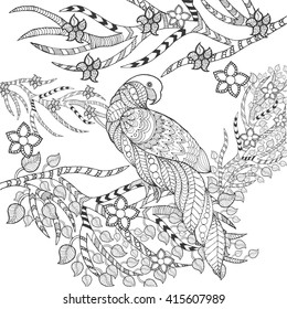 Parrot in fantasy flowers. Animals. Hand drawn doodle. Ethnic patterned illustration. African, Indian, totem tattoo design. Sketch for avatar, tattoo, poster, print or t-shirt.