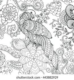Parrot in fantasy flowers. Animals. Hand drawn doodle. Ethnic patterned illustration. African, indian, totem tatoo design. Sketch for avatar, tattoo, poster, print or t-shirt.