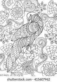 Parrot in fantasy garden. Animals. Hand drawn doodle. Ethnic patterned illustration. African, Indian, totem tattoo design. Sketch for avatar, tattoo, poster, print or t-shirt.