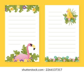 Parrot and Flamingo in Exotic Foliage Empty Page or Sheet Vector Template