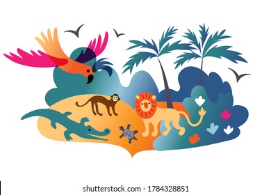 Parrot flies, lion, monkey, crocodile, turtle living in wild nature. Wildlife african animals on ocean island. Vector cute children illustration of zoo, exotic fauna, biodiversity, global tourism