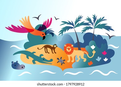 Parrot flies, lion, monkey, crocodile, turtle living in wild nature. Wildlife african animals on ocean island. Vector cute children illustration of zoo, exotic fauna, biodiversity, global tourism