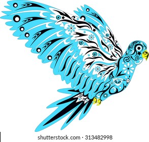 Parrot in flight, an illustration of a bird with drawing, wings with a pattern,